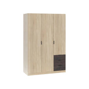 Guardaroba Apaches, Armadio per camera da letto a 3 ante e 3 cassetti, Mobile con barra appendiabiti e 3 ripiani cm 121x80h180, Rovere e Ossido