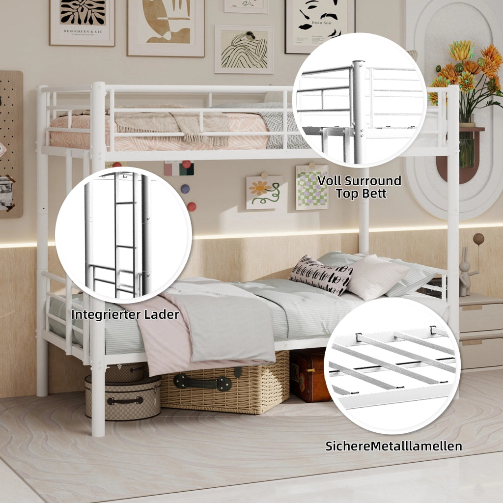Letto a castello 90 × 190 cm con scala e barriere, convertibile in due letti singoli, senza materasso, bianco