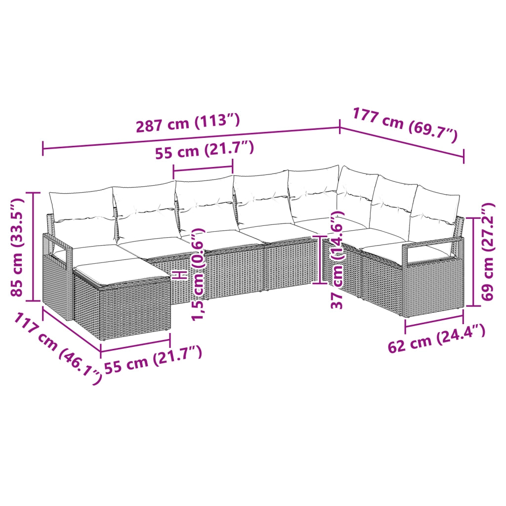 Set di Divani da Giardino  8 Pezzi con Cuscini Beige Rattan