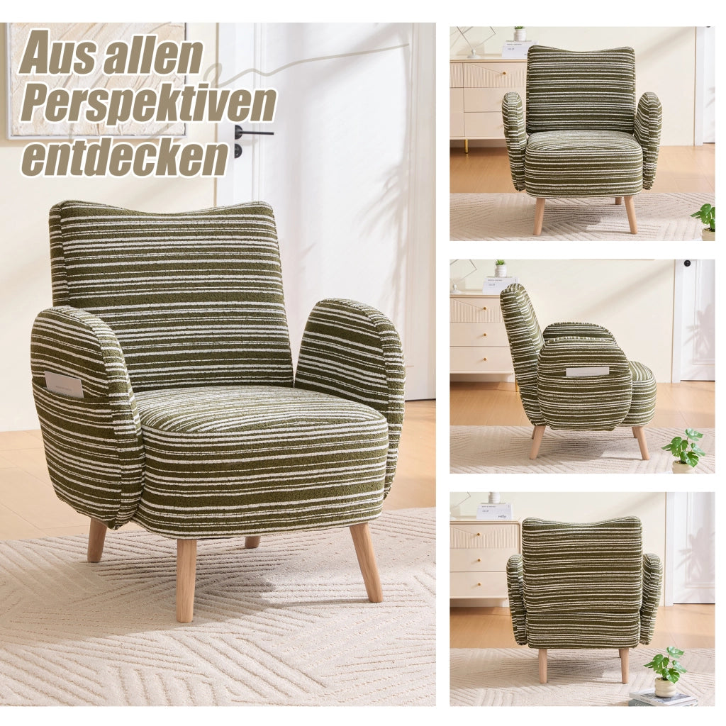 Poltrona da Lettura con Tasca Laterale; Comfort Ergonomico; Gambe in Legno Massello in Bouclé Verde Oliva