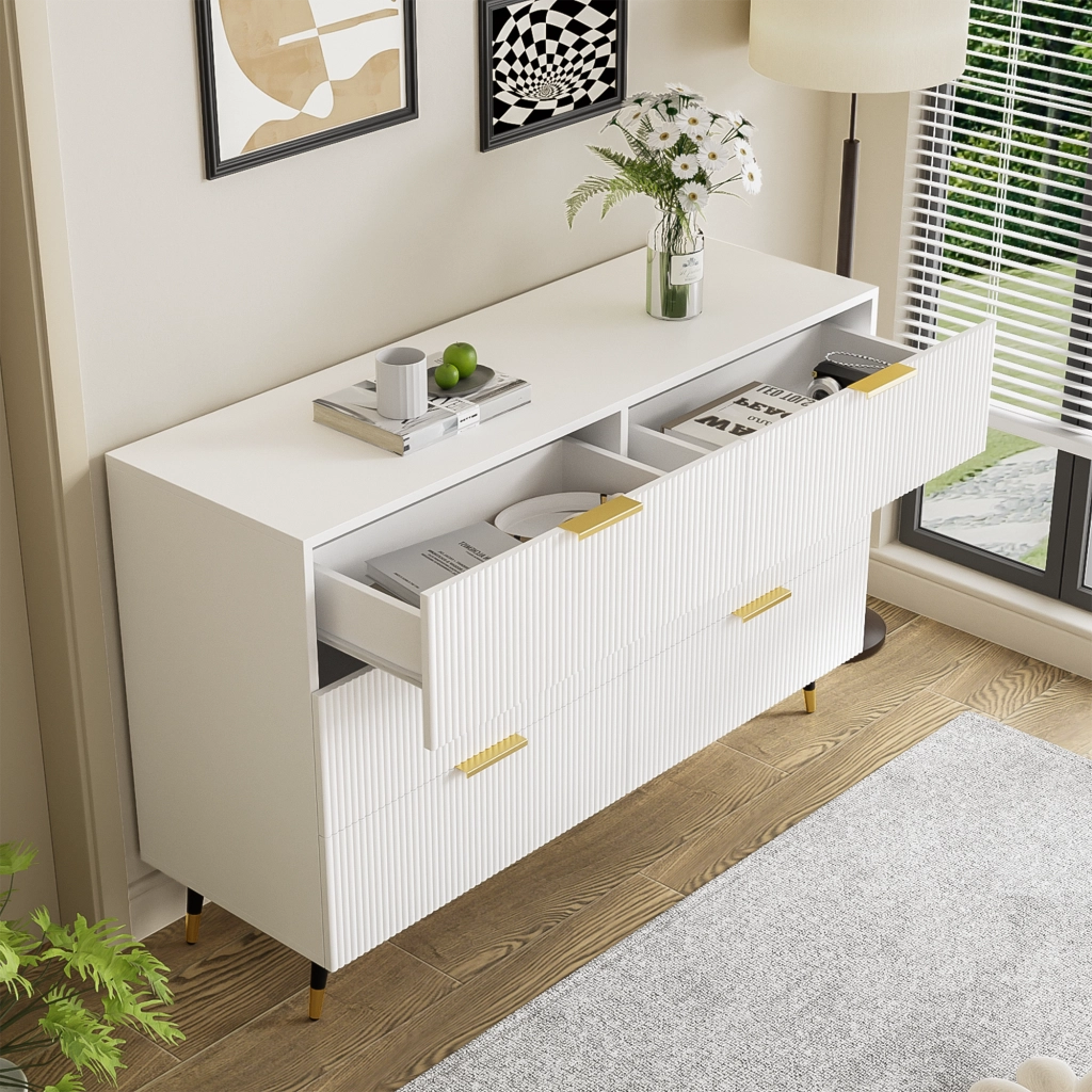 Credenza con 6 Cassetti; Frontale ondulato per Soggiorno in Pannello di particelle 120 × 40 × 77 cm Bianco