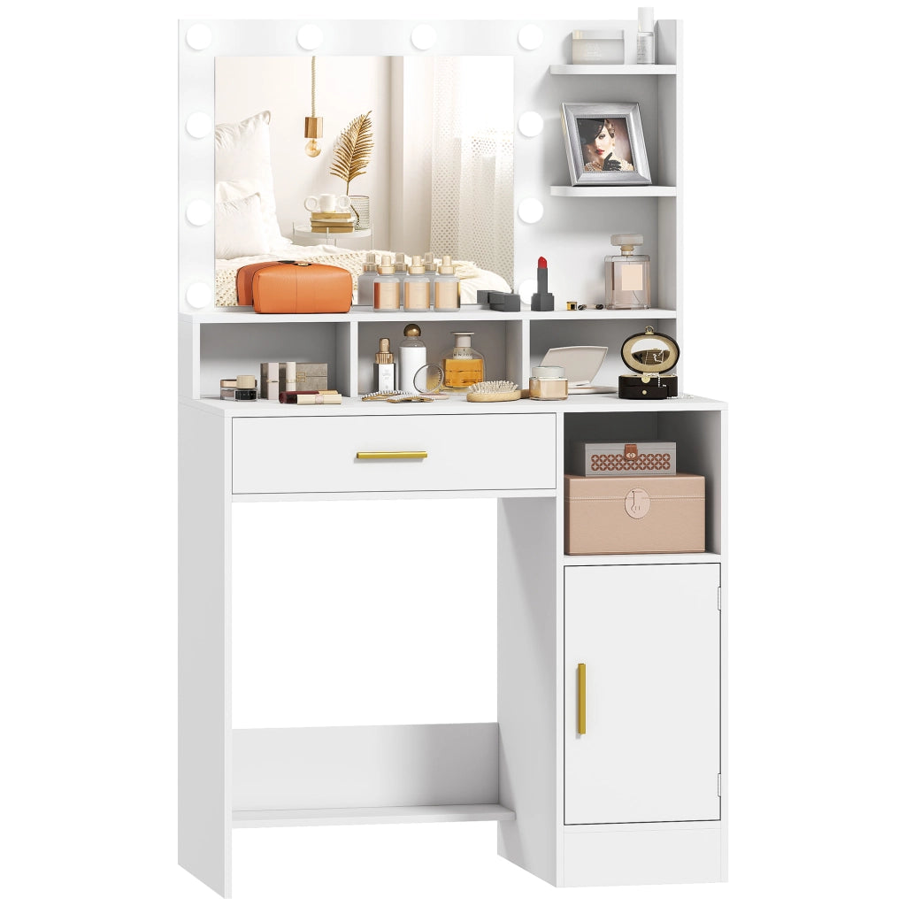 Toeletta con specchio e 10 luci LED ¨C Xylo ¨C Cassetto, anta, ripiani, 80x40x135cm, bianco
