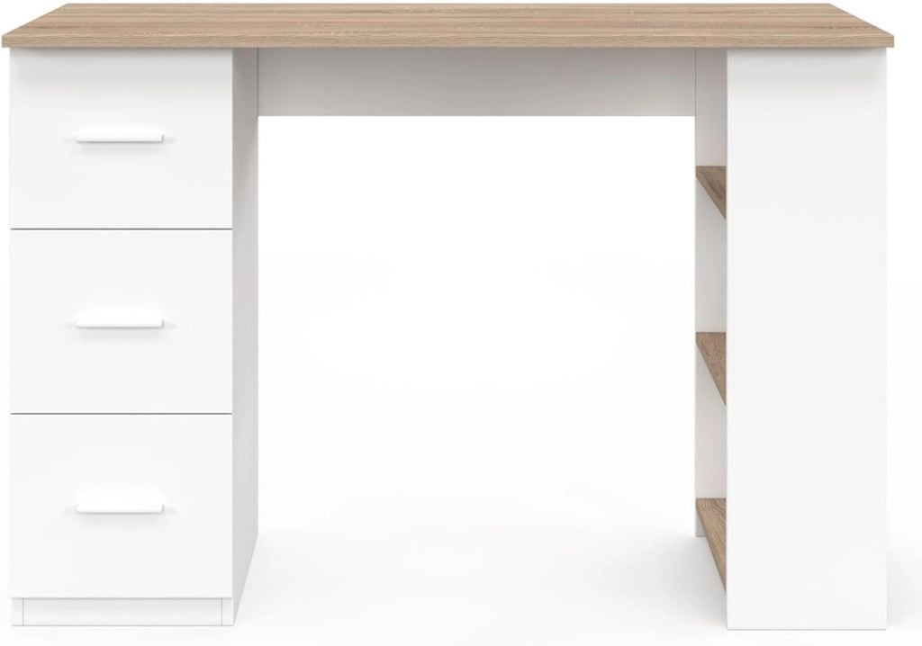 MAE Scrivania dritta a 3 cassetti con ripiani in legno e bianco