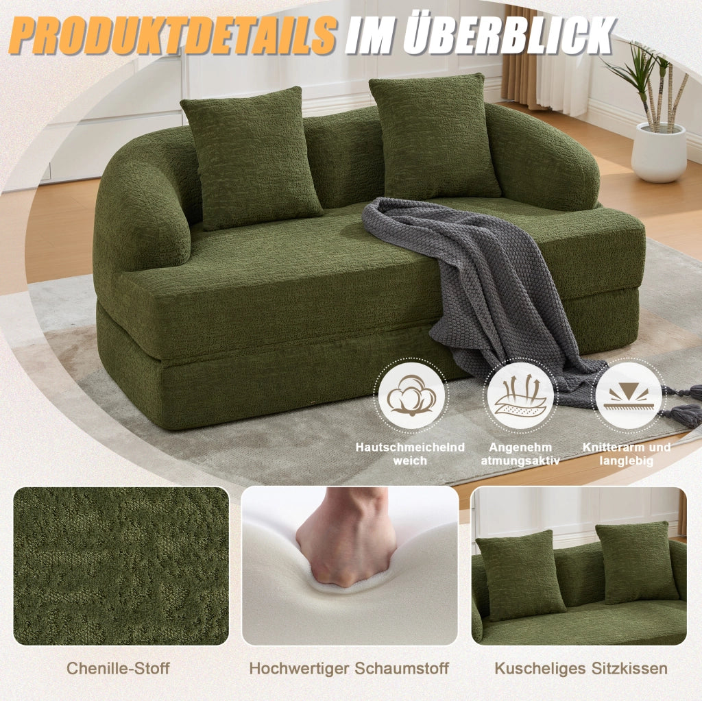 Divano letto pieghevole in chenille verde, design multifunzionale per ambienti moderni