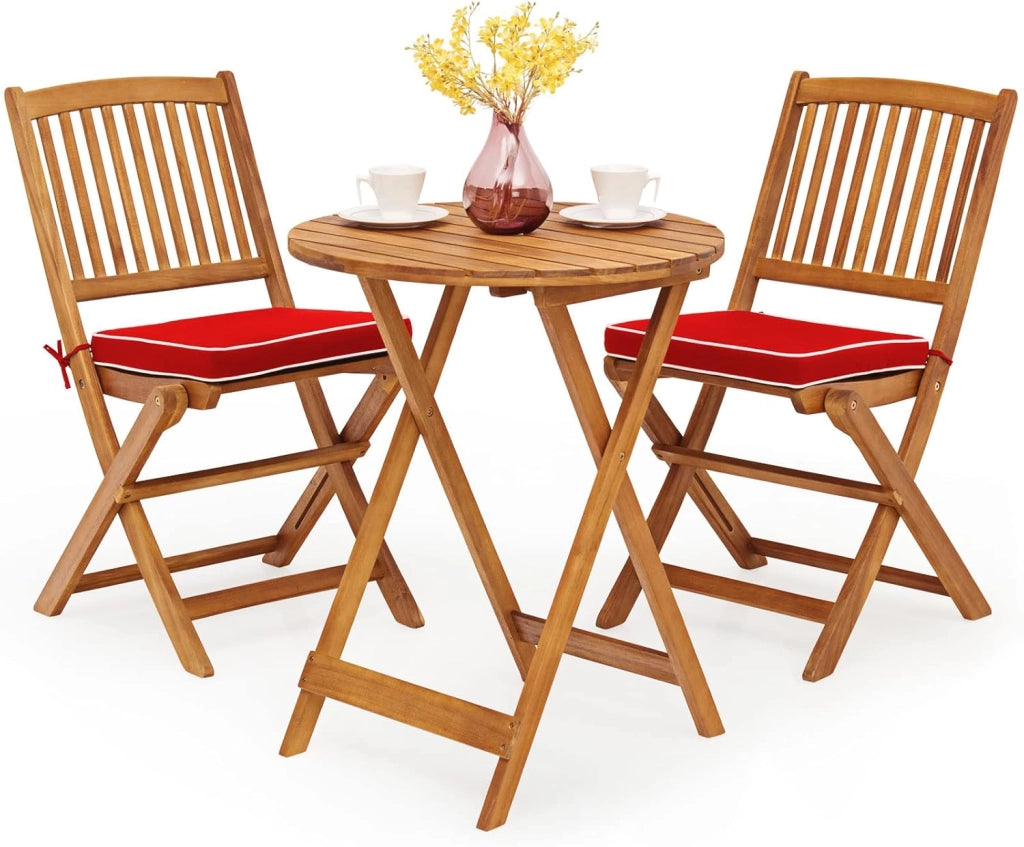 Set di Tavolo e 2 Sedie Pieghevoli in Legno d'Acacia con 2 Cuscini Imbottiti Removibili, Per Esterno, Patio, Giardino e Balcone (Rosso)
