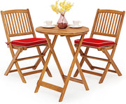 Set di Tavolo e 2 Sedie Pieghevoli in Legno d'Acacia con 2 Cuscini Imbottiti Removibili, Per Esterno, Patio, Giardino e Balcone (Rosso)