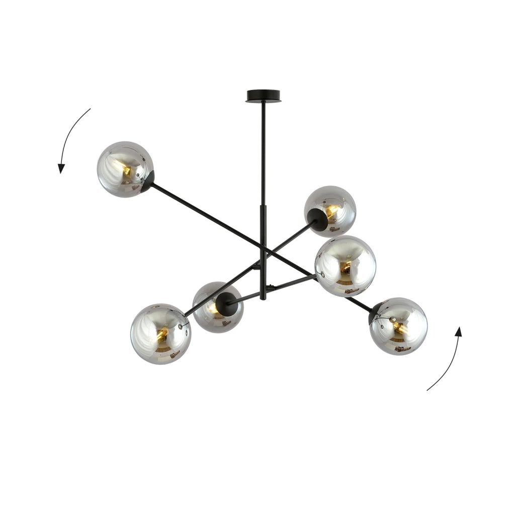 Lampadario 6 Luci Yama In Acciao Nero Con Bracci Regolabili E Vetro Fumè
