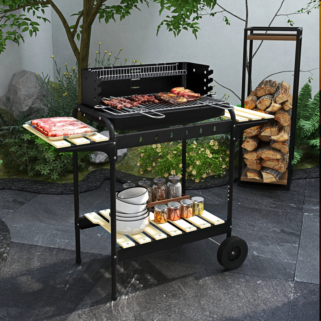 Barbecue a carbone con piede, griglia regolabile, 2 ruote e 3 ripiani ¨C zephmum ¨C nero