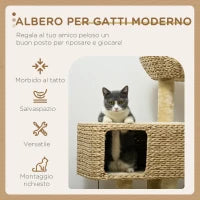 Albero Tiragraffi per Gatti con Casetta, Trespolo e Pallina, in Legno e Poliestere, 60x40x98 cm, Marrone e Beige