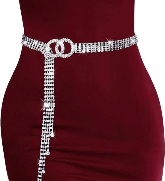 Cinturino per donna con strass, argento, cinturino adattabile con anello O di regolazione, misura fino a 100 cm