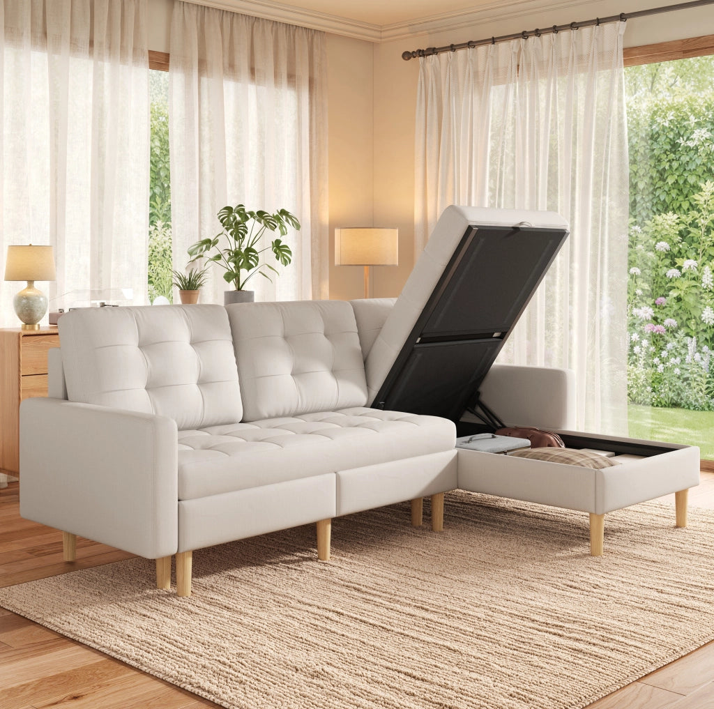 Divano angolare a L con contenitore e chaise longue reversibile 212x130x86 cm; beige