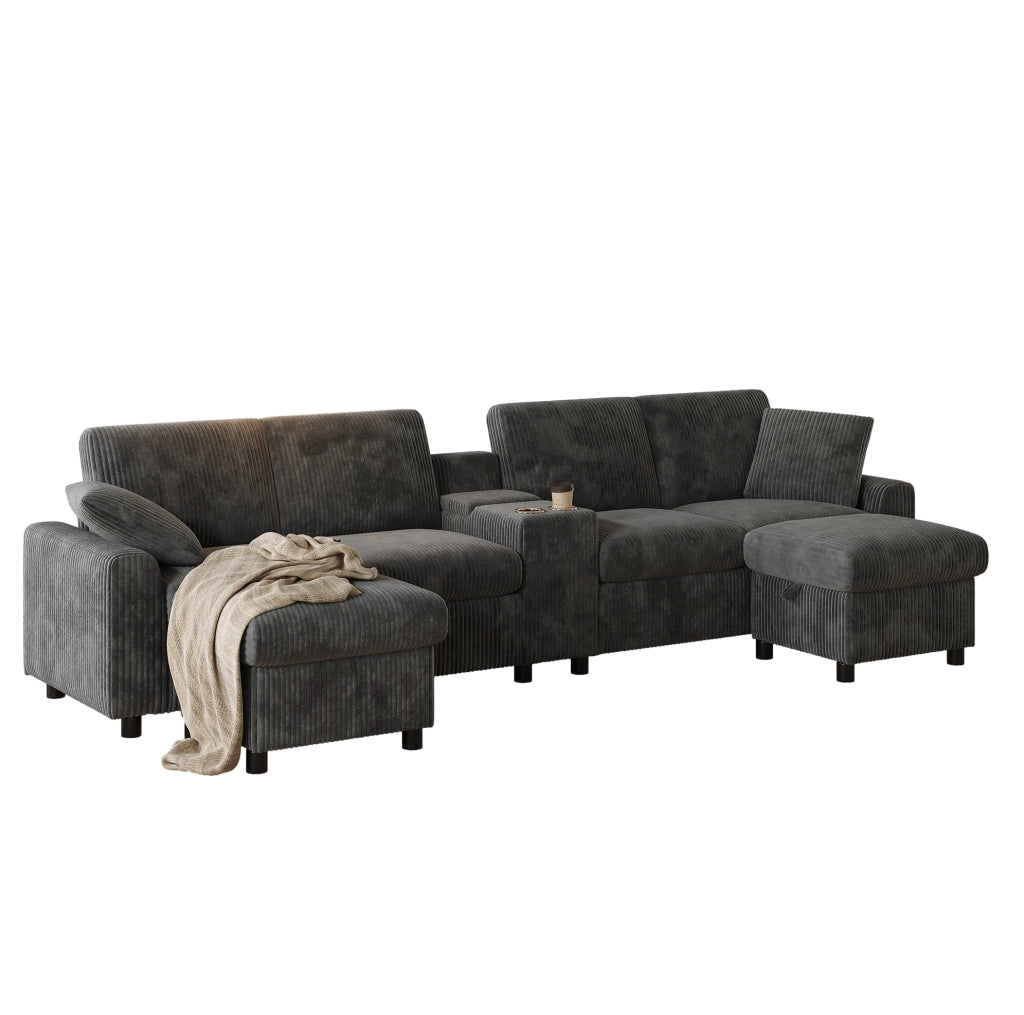 Divano a U in velluto a coste grigio con 2 pouf contenitore; tavolino e porte USB/Type-C