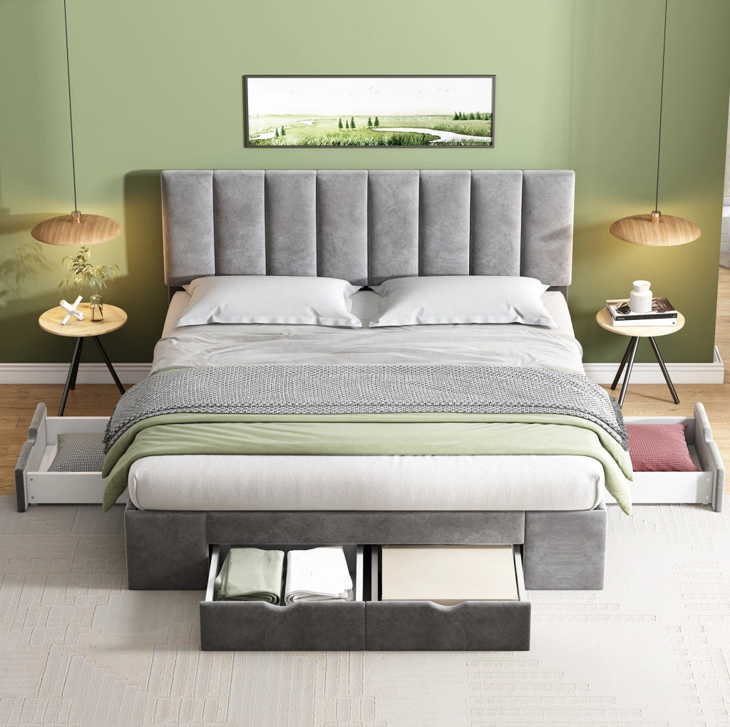Letto imbottito 160x200 cm in velluto grigio con rete a doghe e 4 cassetti