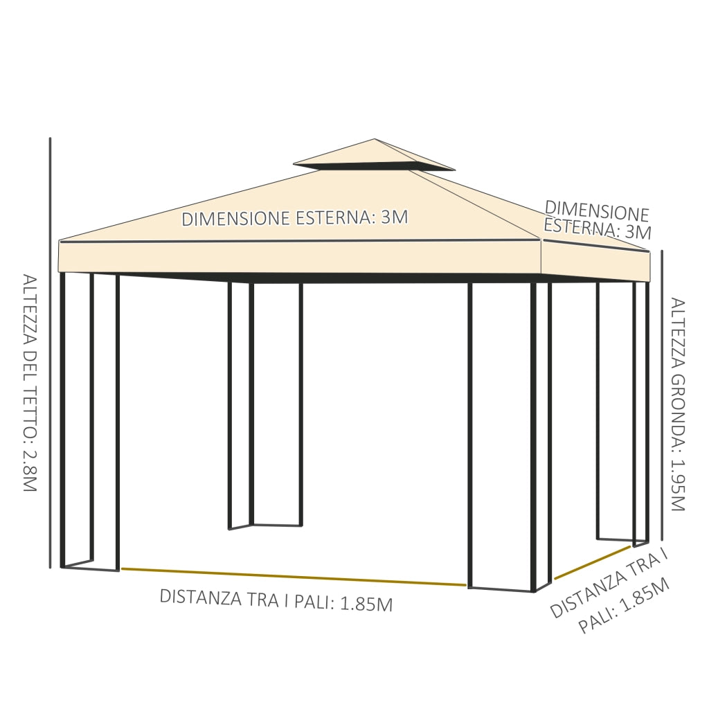 Gazebo da Giardino 3x3m con Zanzariera ¨C zephmum ¨C Telaio in Acciaio, Doppio Tettuccio, Colore Beige