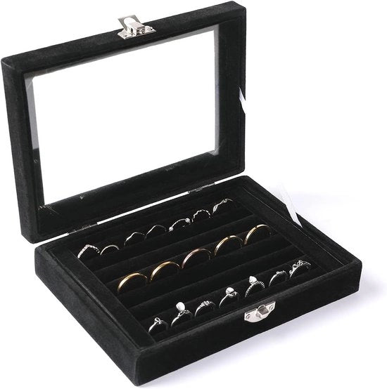 Organizzatore di cassetti in pelle morbida con coperchio trasparente e 7 tasche - nero - per gioielli e accessori - scatola di conservazione con imbottitura in pelle morbida
