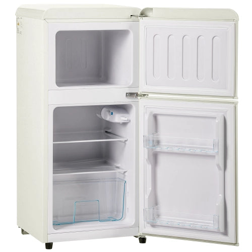Frigorifero retro; congelatore; doppia porta; volume totale 60L; vano congelatore da 22L; luce LED; efficiente energeticamente; bianco crema