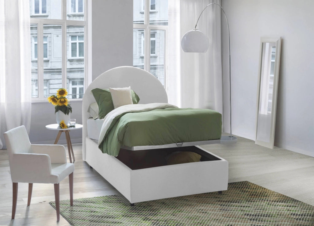 Letto singolo Egle, Letto contenitore con rivestimento in tessuto, Made in Italy, Apertura frontale, con materasso cm 80x190 incluso, Bianco