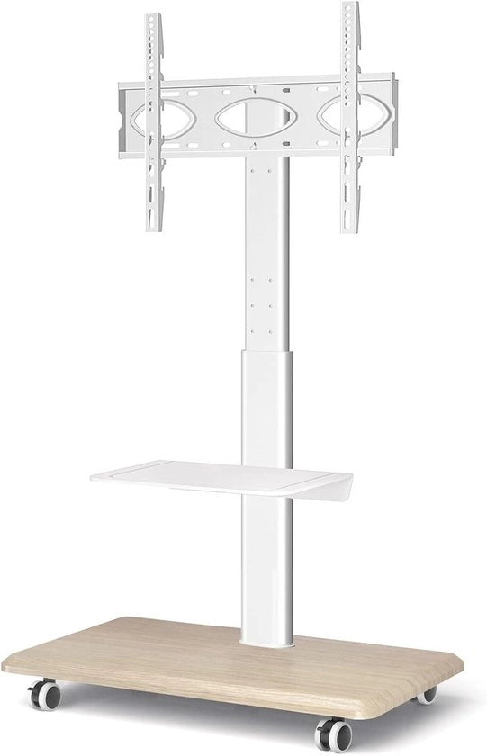 Supporto TV Girevole su Ruote per TV Pianeggiate da 26 a 65 Pollici Trolley Rotante con Base in Legno Montaggio Facile Massimo VESA 400x400 mm - Bianco