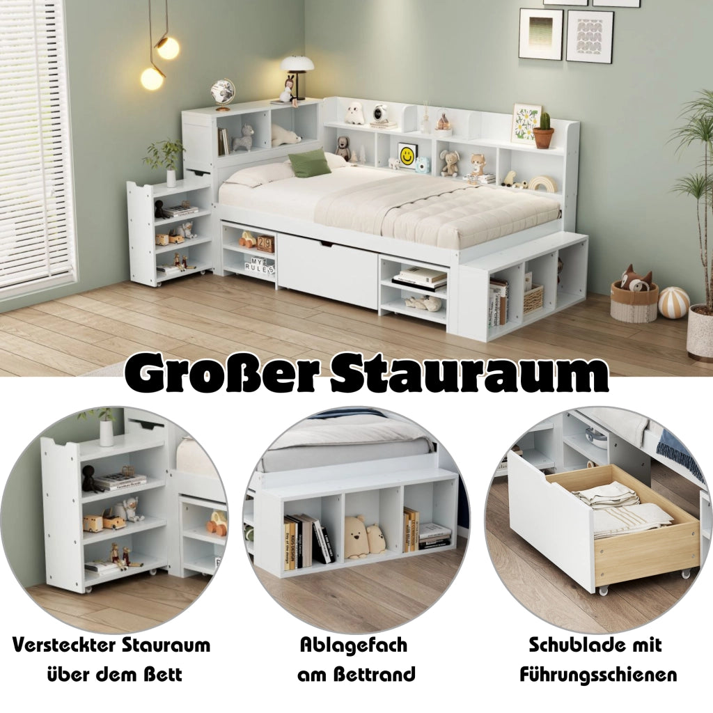 Letto Singolo 90x200 cm Contenitore; Cassetti; Mensole e Armadi in Compensato Bianco