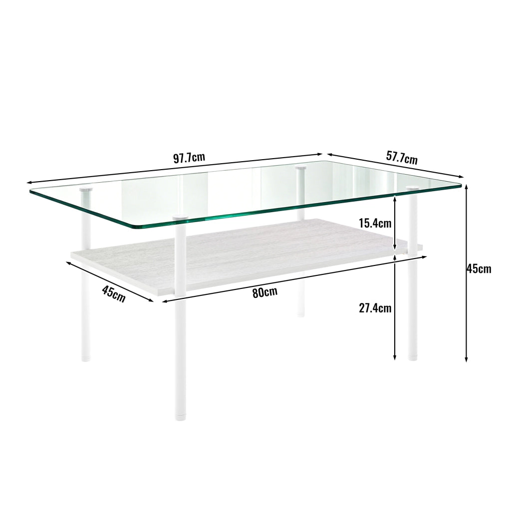 Tavolino basso con piano in vetro temperato e ripiano in MDF, struttura in metallo bianco per soggiorno, 98 × 58 × 45 cm