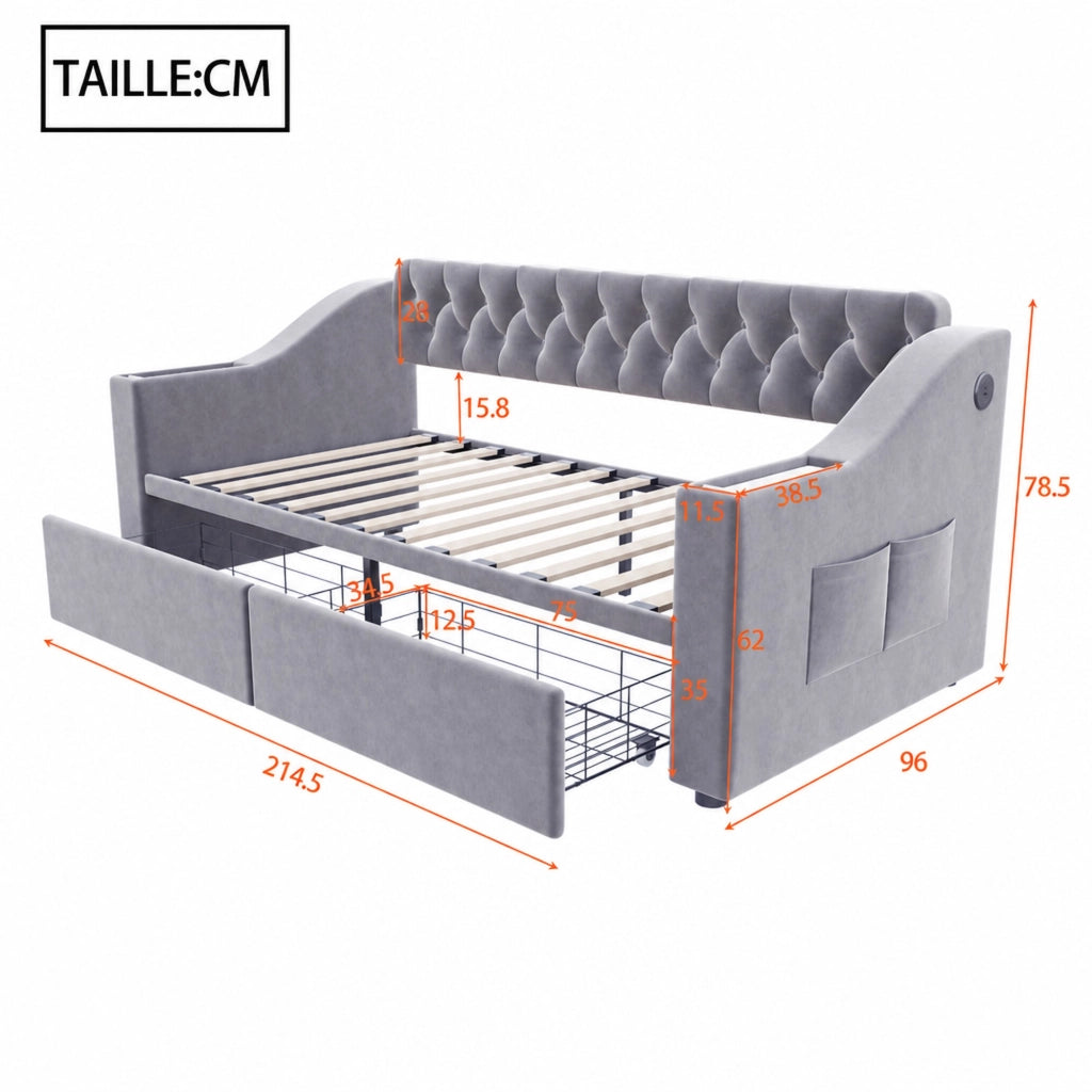 DESMIU Divano letto 90 × 190 cm 1 posto con cassetti, USB e Type-C, senza materasso, in velluto, grigio chiaro