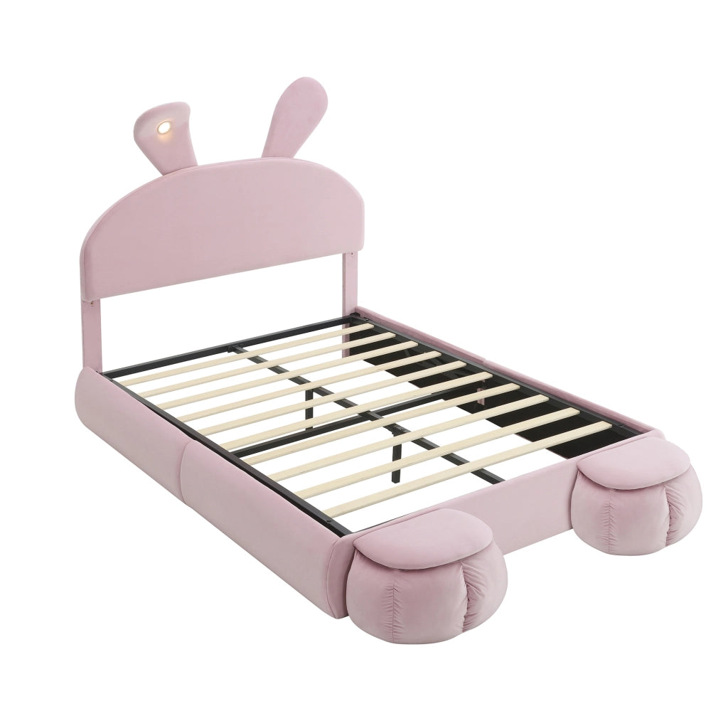 Letto imbottito 140x200 cm con contenitore e LED in velluto rosa