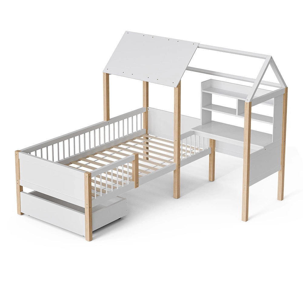 Letto bambino 90x200cm - Xylo - bianco, scrivania L, cassetti, sicuro