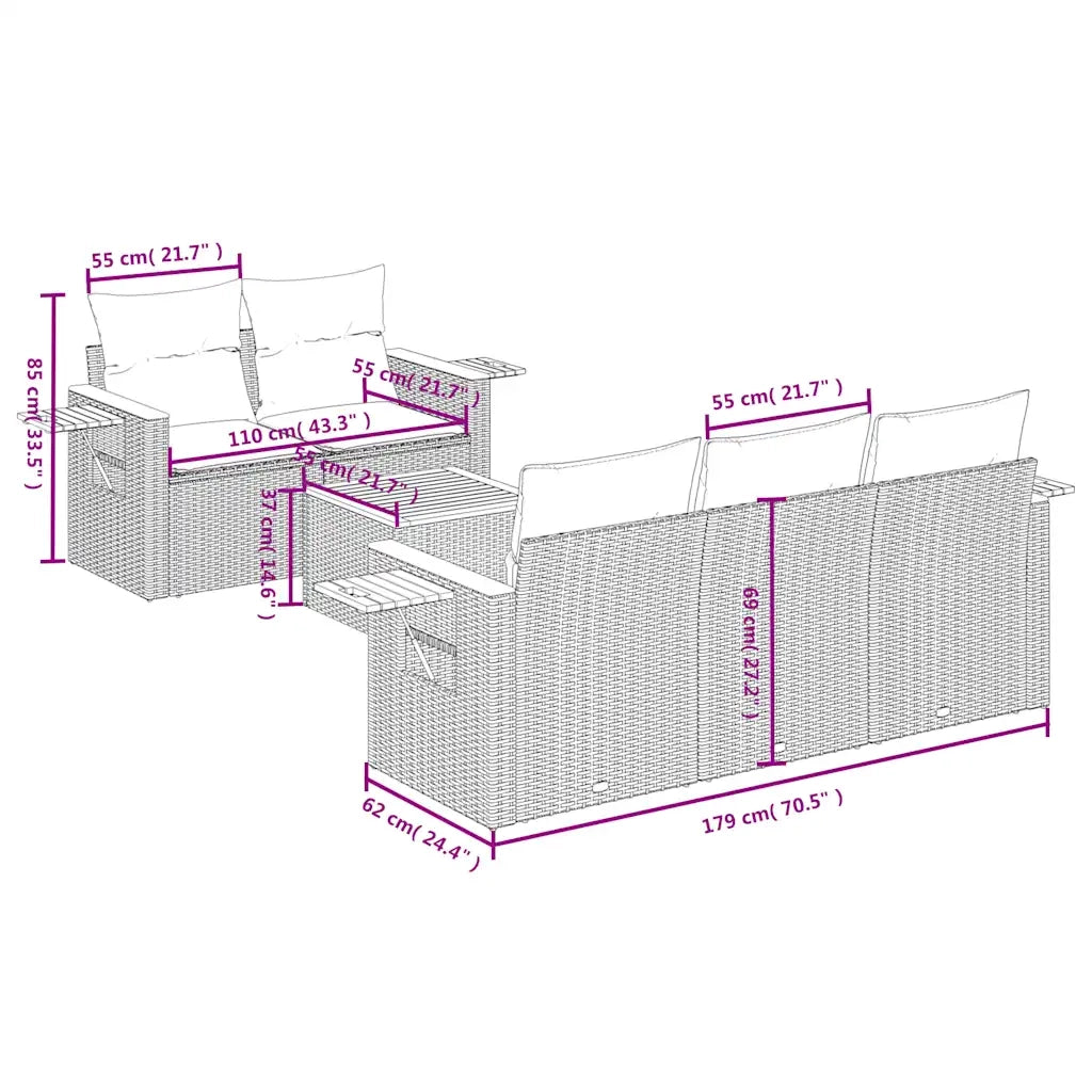 Set Divani da Giardino 6 pz con Cuscini Nero in Polyrattan