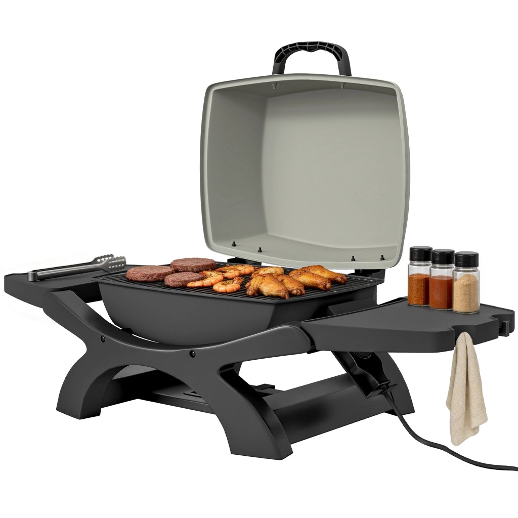 Barbecue elettrico esterno 2300W ¨C zephmum ¨C nero con griglie smaltate e ripiani laterali