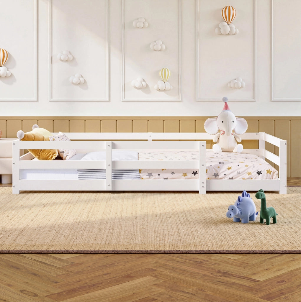 Letto Montessori 90x200 cm con barriera di protezione e rete a doghe in legno di pino bianco