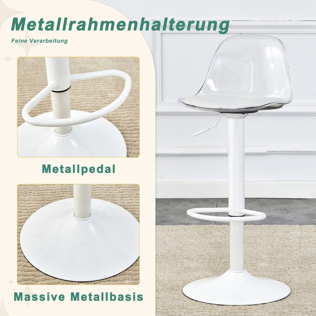 Set di 2 Sgabelli da Bar Regolabili Girevoli con Schienale Trasparente e Poggiapiedi; Metallo e Plastica; Bianco