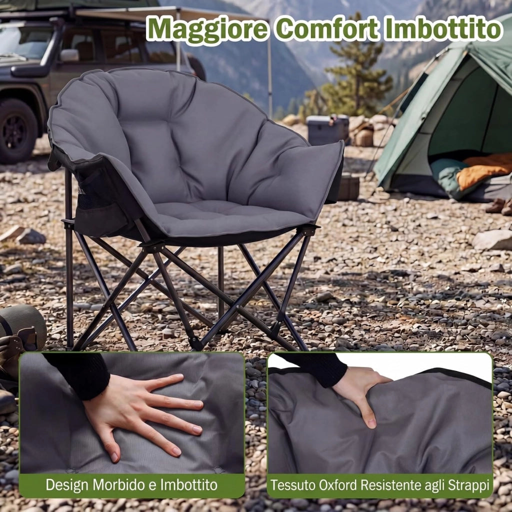 Sedia da Campeggio Pieghevole, Sedia da Pesca Portatile con Braccioli, Portabicchieri e Borsa da Trasporto, Portata 227 kg, per Esterno, per Picnic e Spiaggia, 74x90x99 cm (Grigio)
