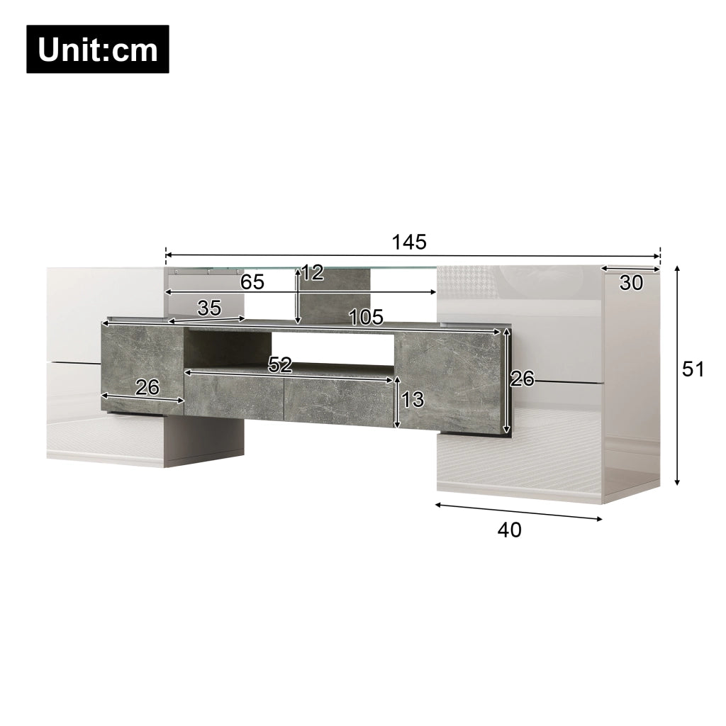 Mobile TV con 6 Ante; 2 Cassetti e LED Multicolore; Finitura Lucida; 145??30??51 cm; in Pannello Truciolare; Bianco