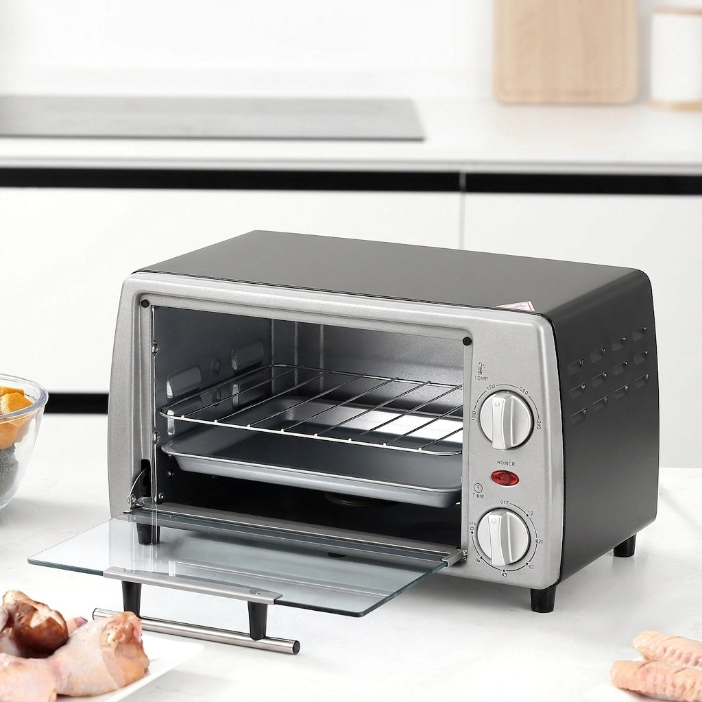 Mini Forno Elettrico 10 L 750 W Argento e Nero con Temperatura 100-230°C; Timer 60 Min; Teglia e Griglia