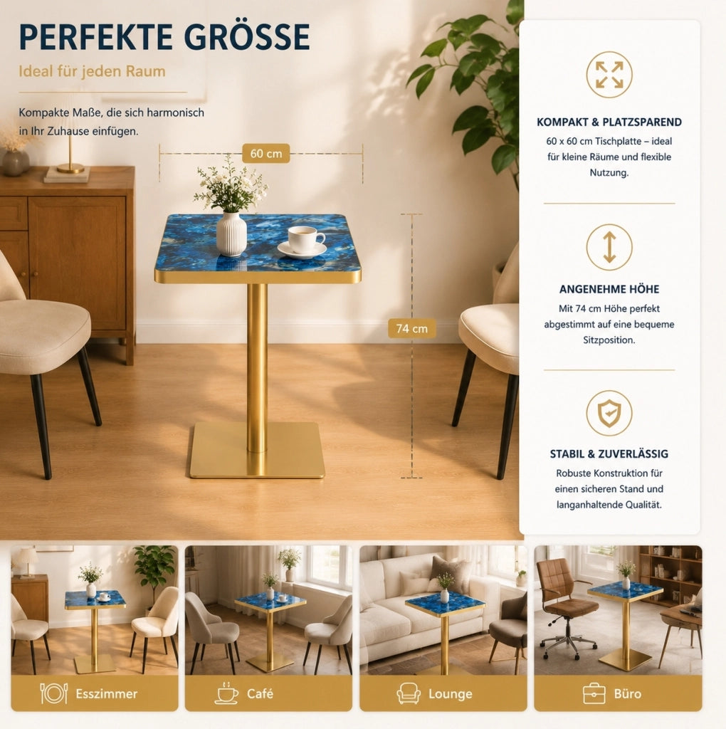 Tavolo quadrato da pranzo 60x60 cm effetto marmo; struttura in metallo; blu