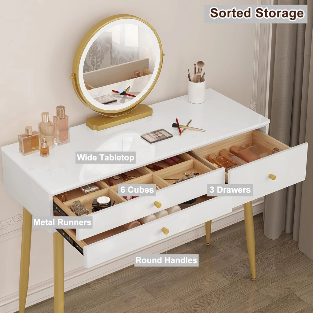 Set Toeletta con Specchio LED 3 Temperature, Sgabello in Velluto, 3 Cassetti in Legno Massello, 100×40×122 cm, Tavolo Trucco Moderno Bianco Champagne