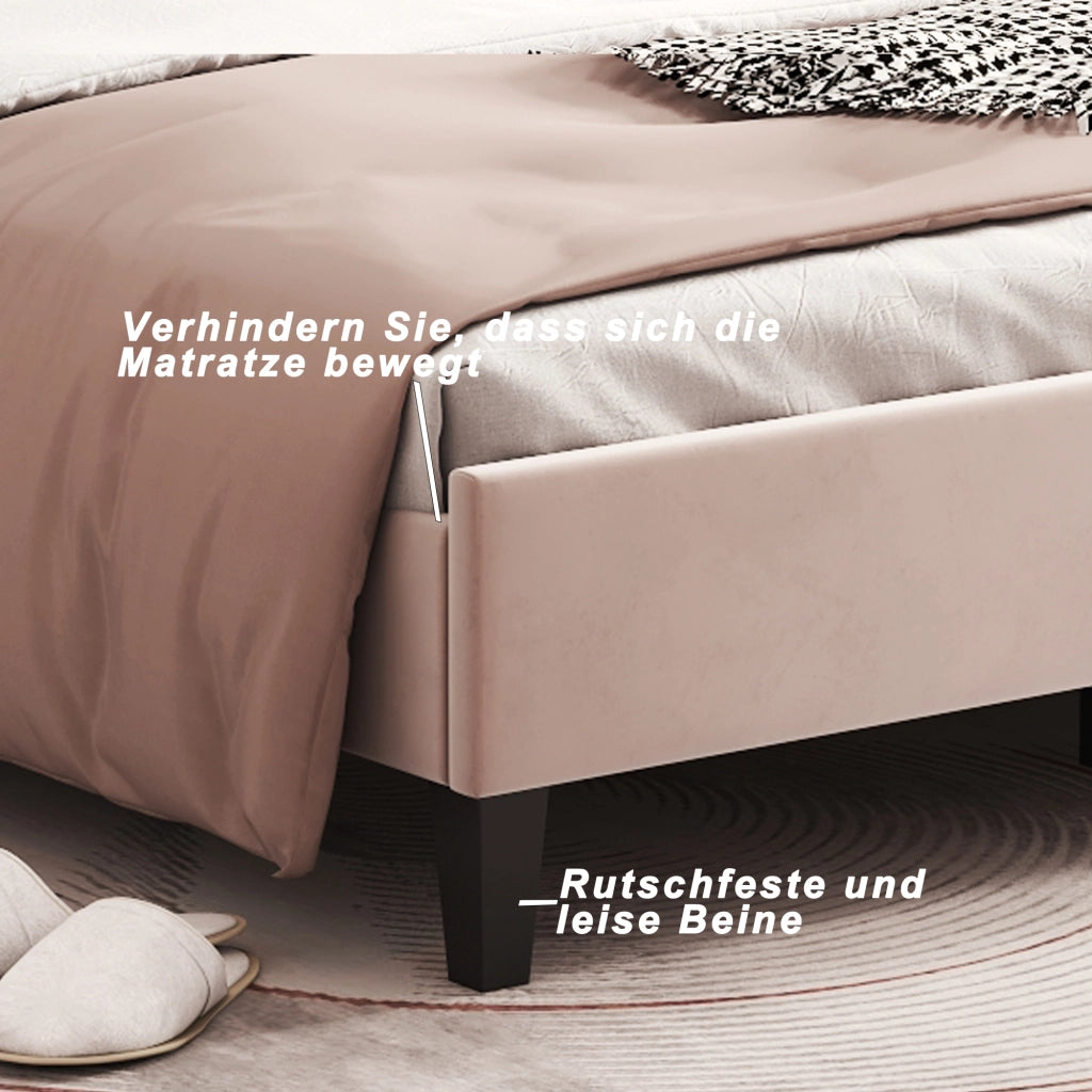 Letto imbottito in velluto con testiera a fiore e doghe; beige; 140x200 cm; senza materasso