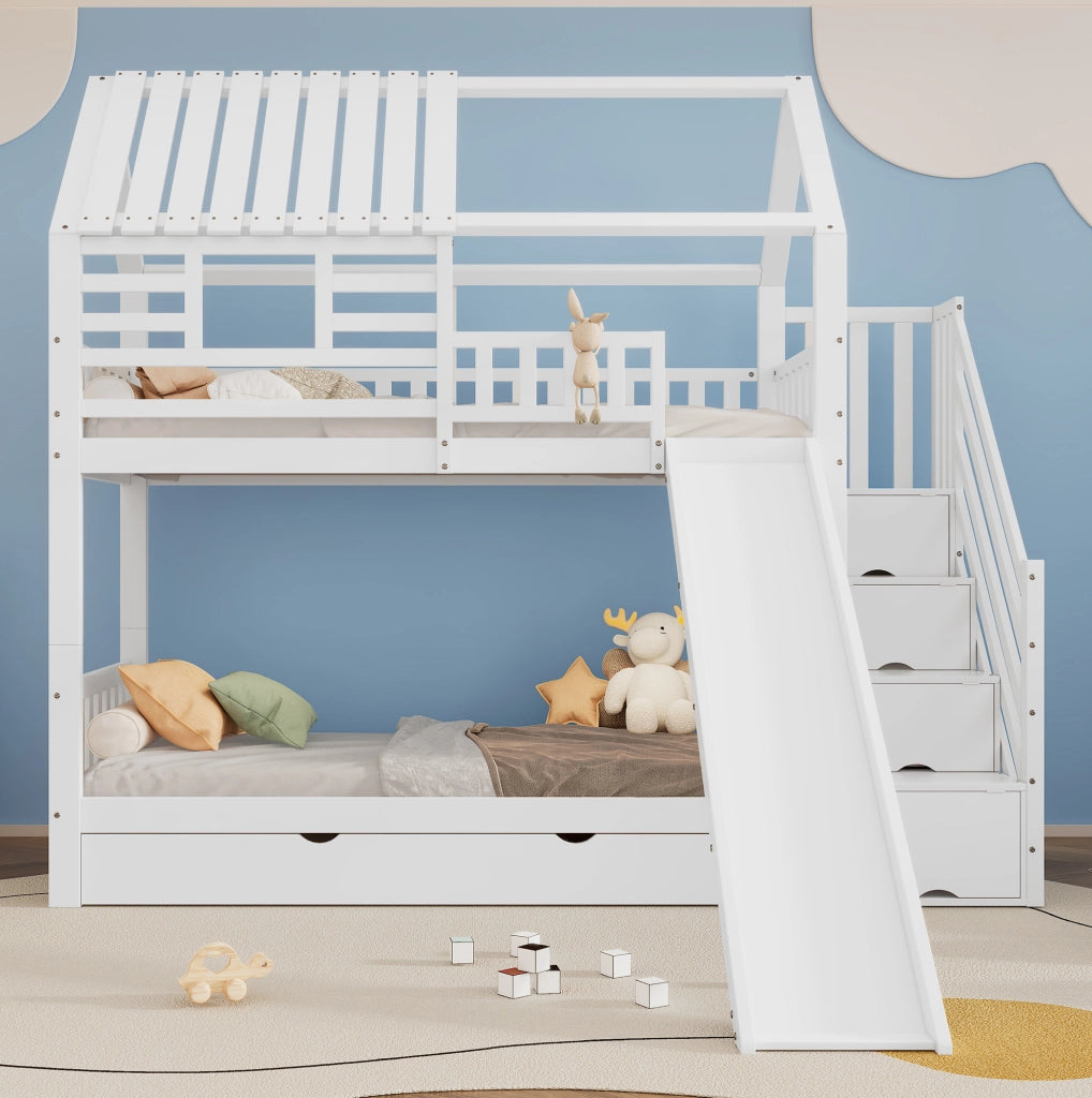 Letto a castello a casetta bianco 90x200 cm con scivolo