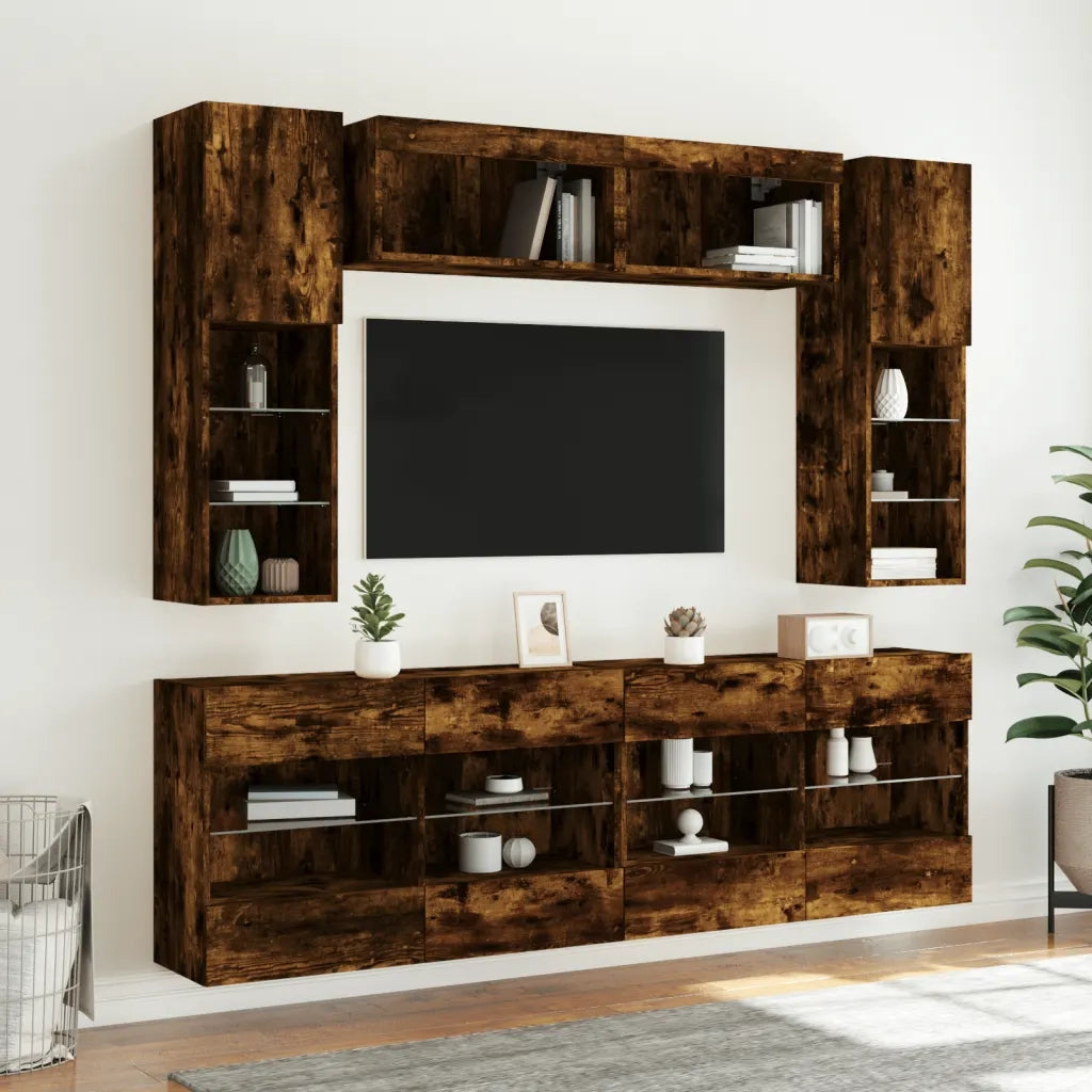 Set Mobili TV a Muro 6 pz con Luci LED Rovere Fumo 3216801