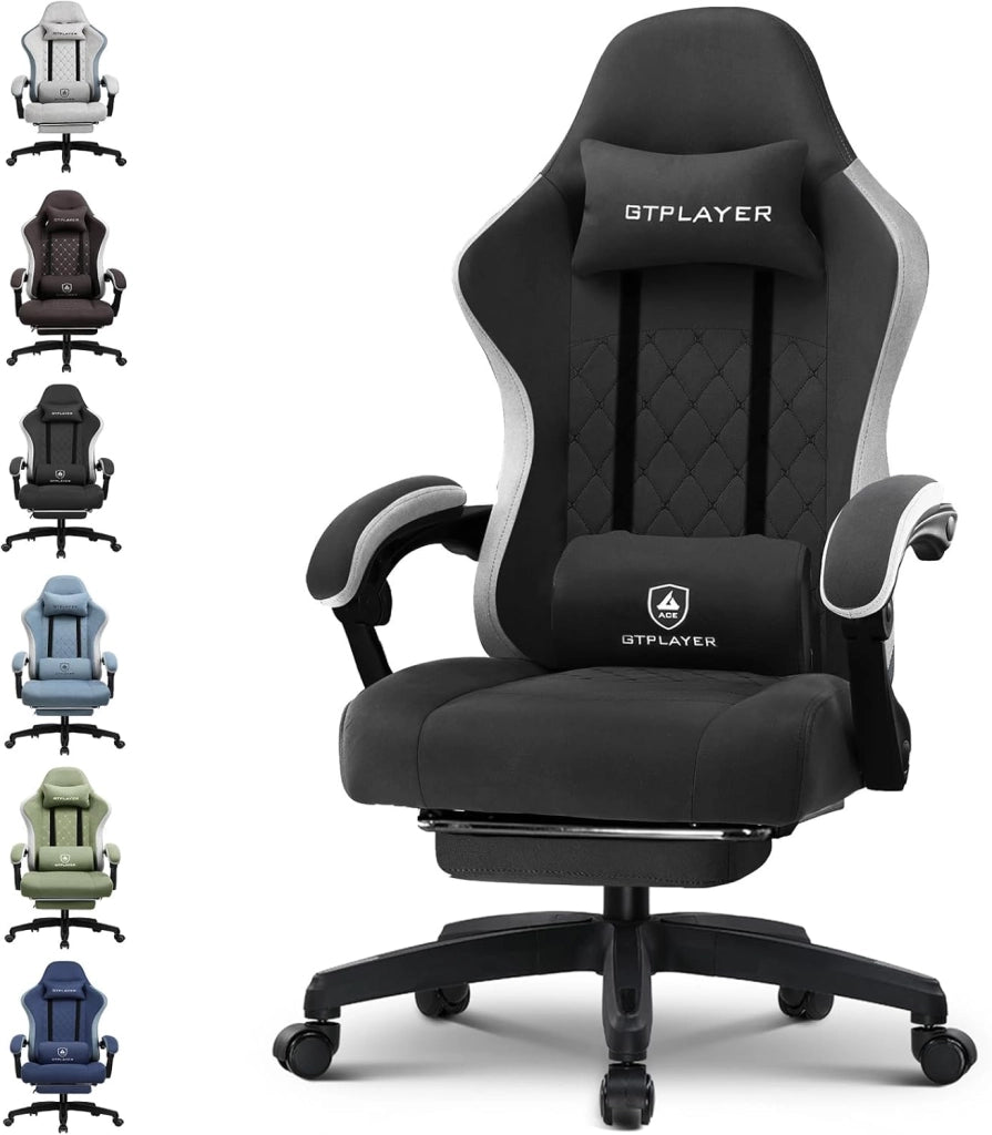 Sedia da gaming, ergonomica, da scrivania, con superficie in tessuto, cuscino a molla, braccioli di collegamento e poggiapiedi, Marrone
