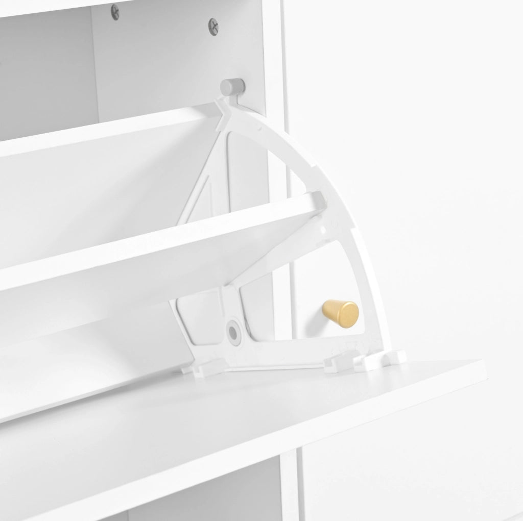 Scarpiera 119x24x122 cm con 3 cassetti a ribalta e panca richiudibile; pannello truciolare bianco