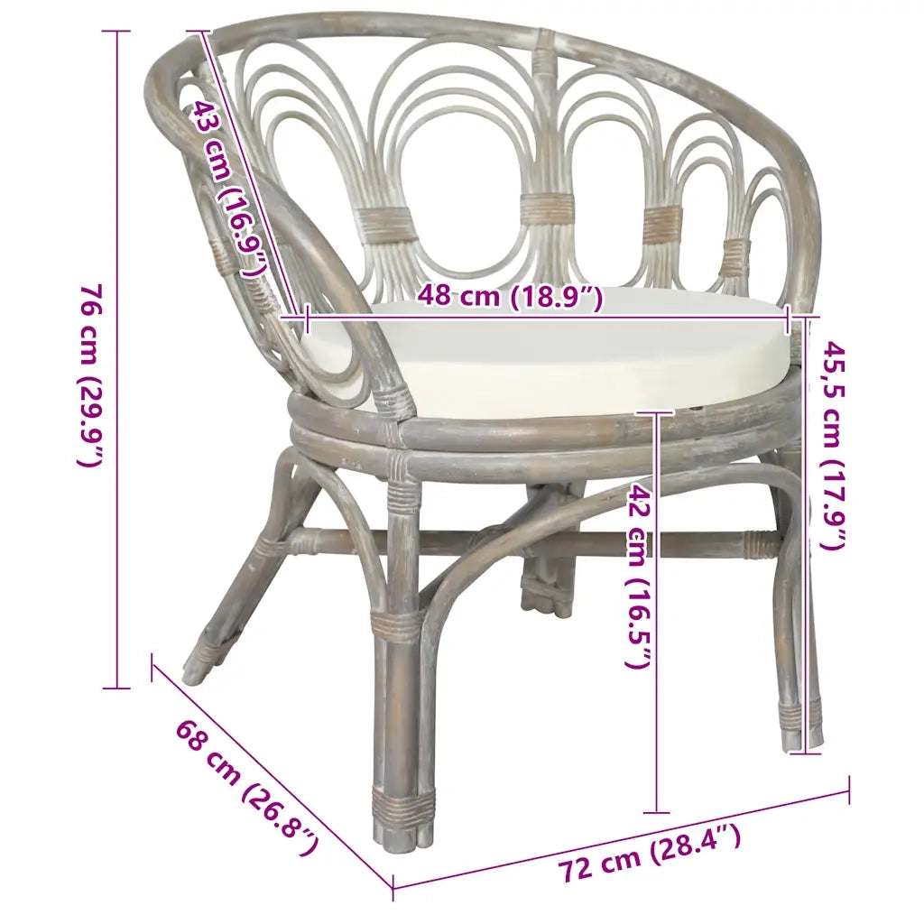 Sedia da Pranzo con Cuscino Grigio in Rattan Naturale e Lino