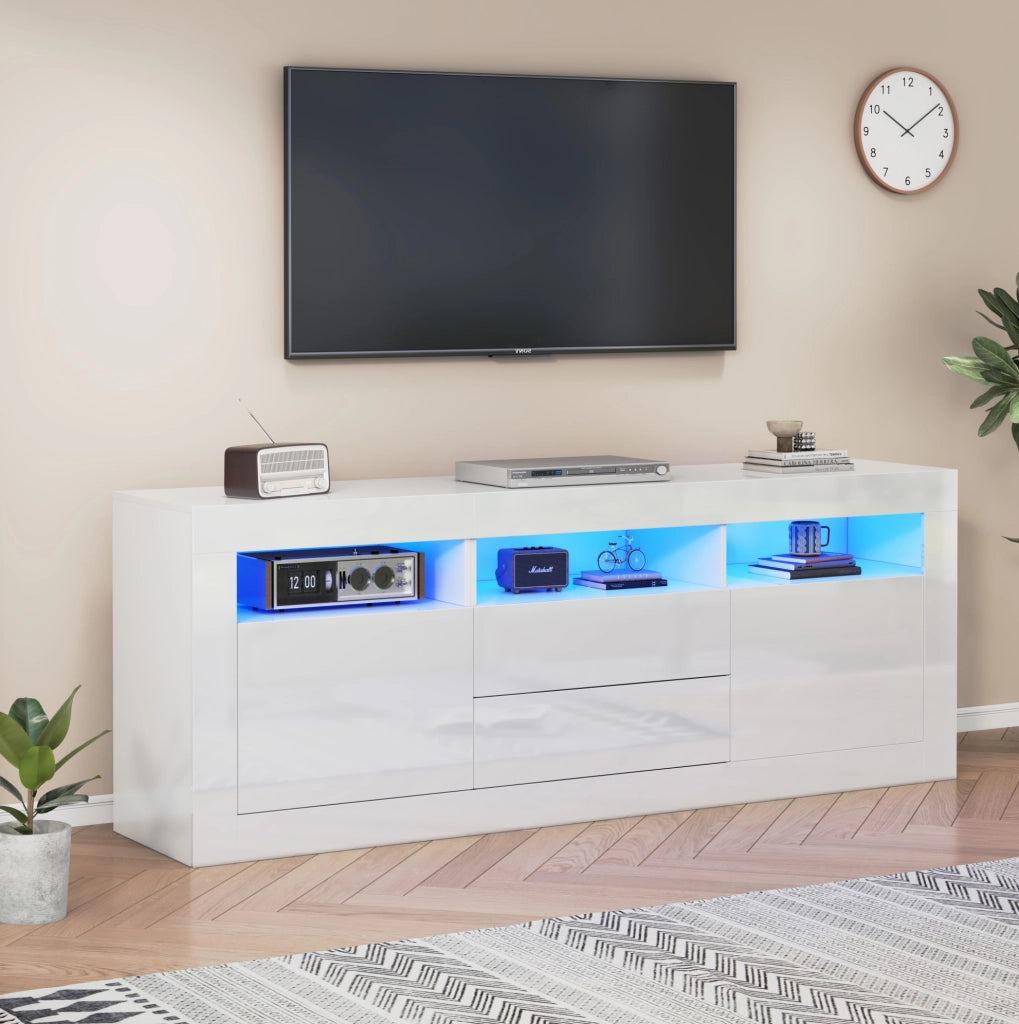 Mobile TV bianco lucido con LED, 2 ante e 2 cassetti