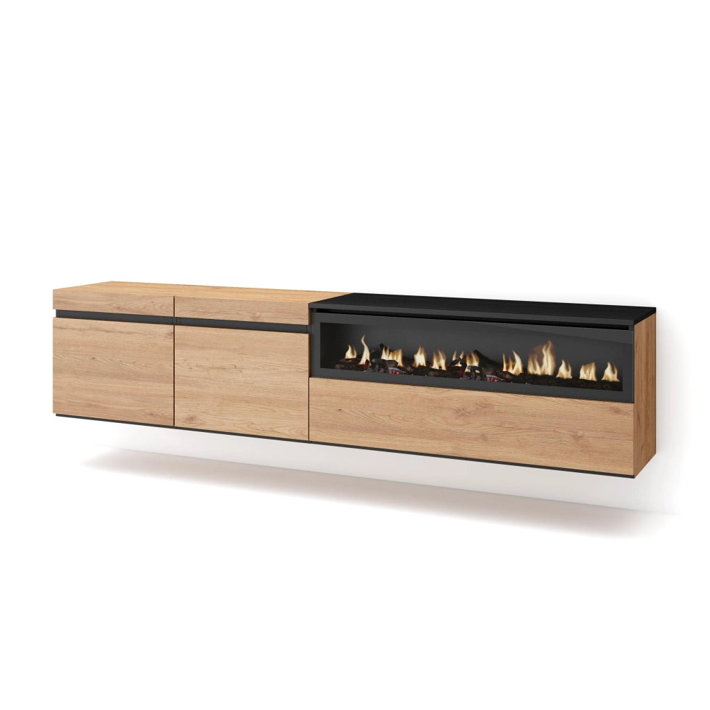 Mobile TV, 200x35x45cm, soggiorno, Per TV fino a 80", Camino elettrico, da appendere, colore Rovere e nero RF2159