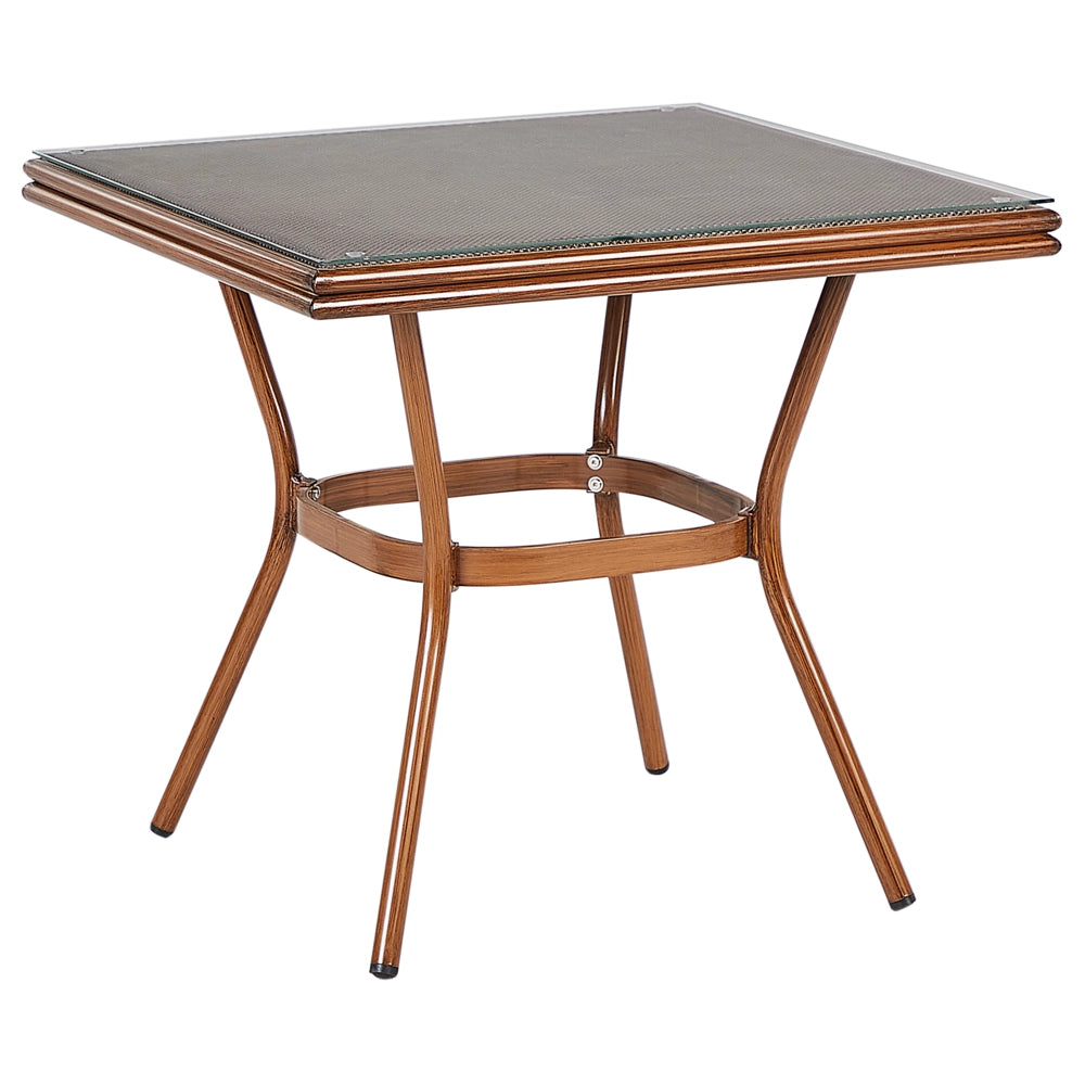 Tavolo da pranzo da giardino in legno scuro con struttura in alluminio 80 x 80 cm Piano in vetro temperato