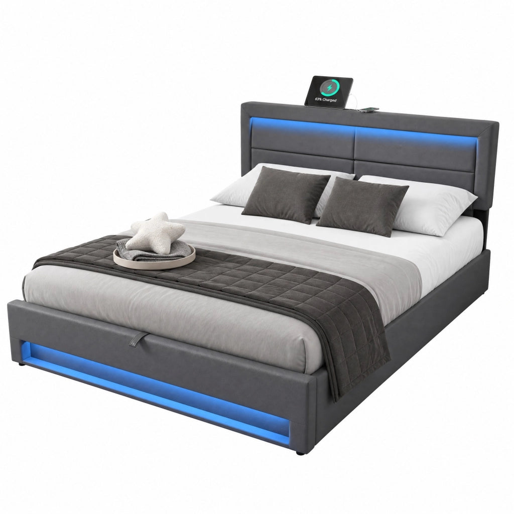 Letto imbottito matrimoniale 140x200 cm in PU grigio con USB; LED e contenitore