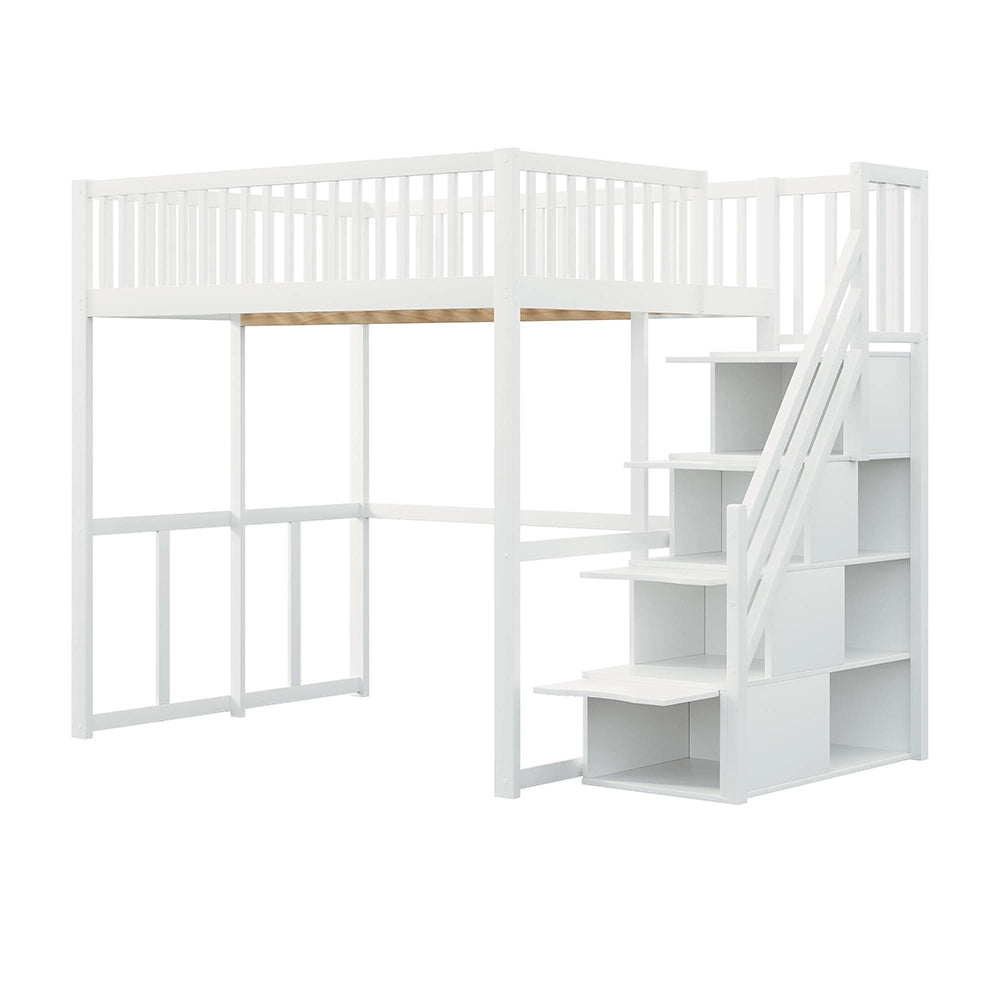 Letto a soppalco in pino massiccio - Xylo - 140x200cm - Bianco - Scala di sicurezza per bambini/adolescenti/adulti