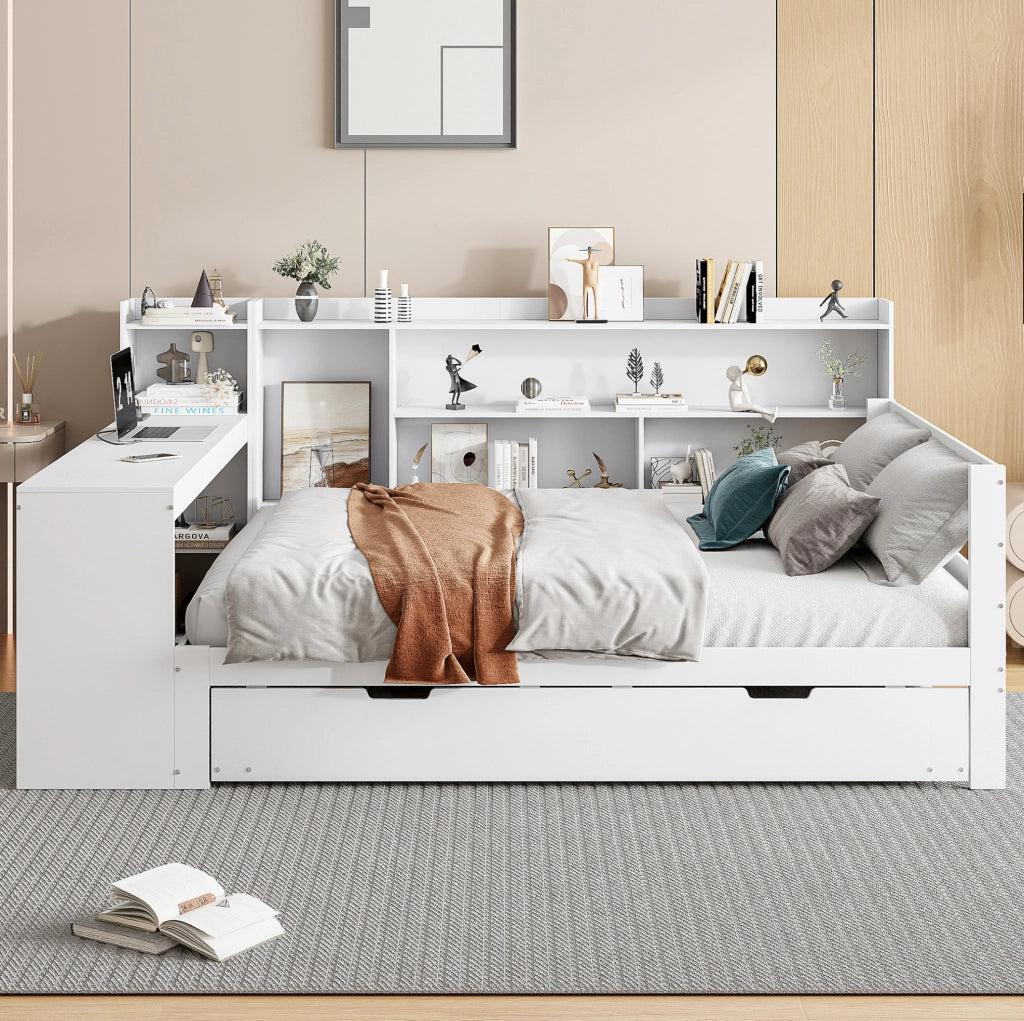 Sofa letto 140x200 cm con letto estraibile; ripiani e presa in legno bianco