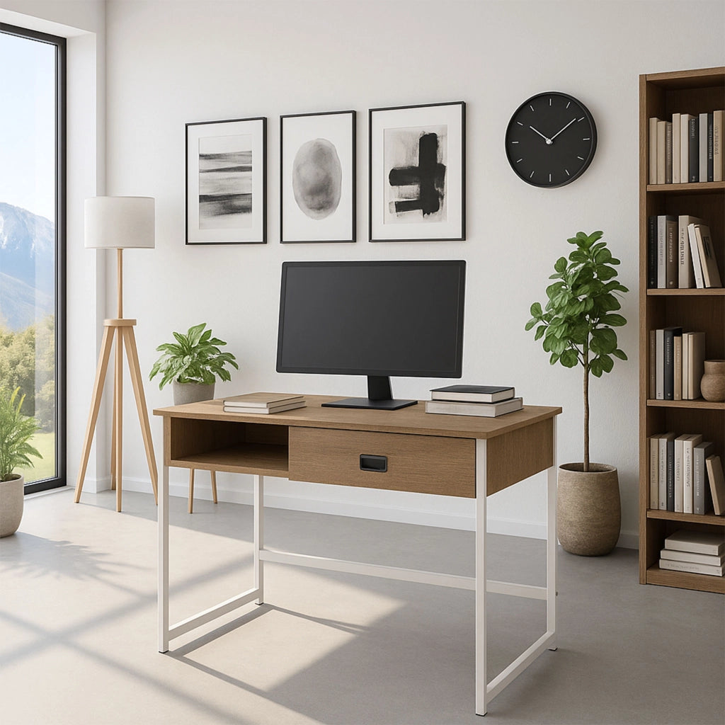 Otari - Scrivania in stile industrial oak con cassetto e vano a giorno, 110x50xH76 cm