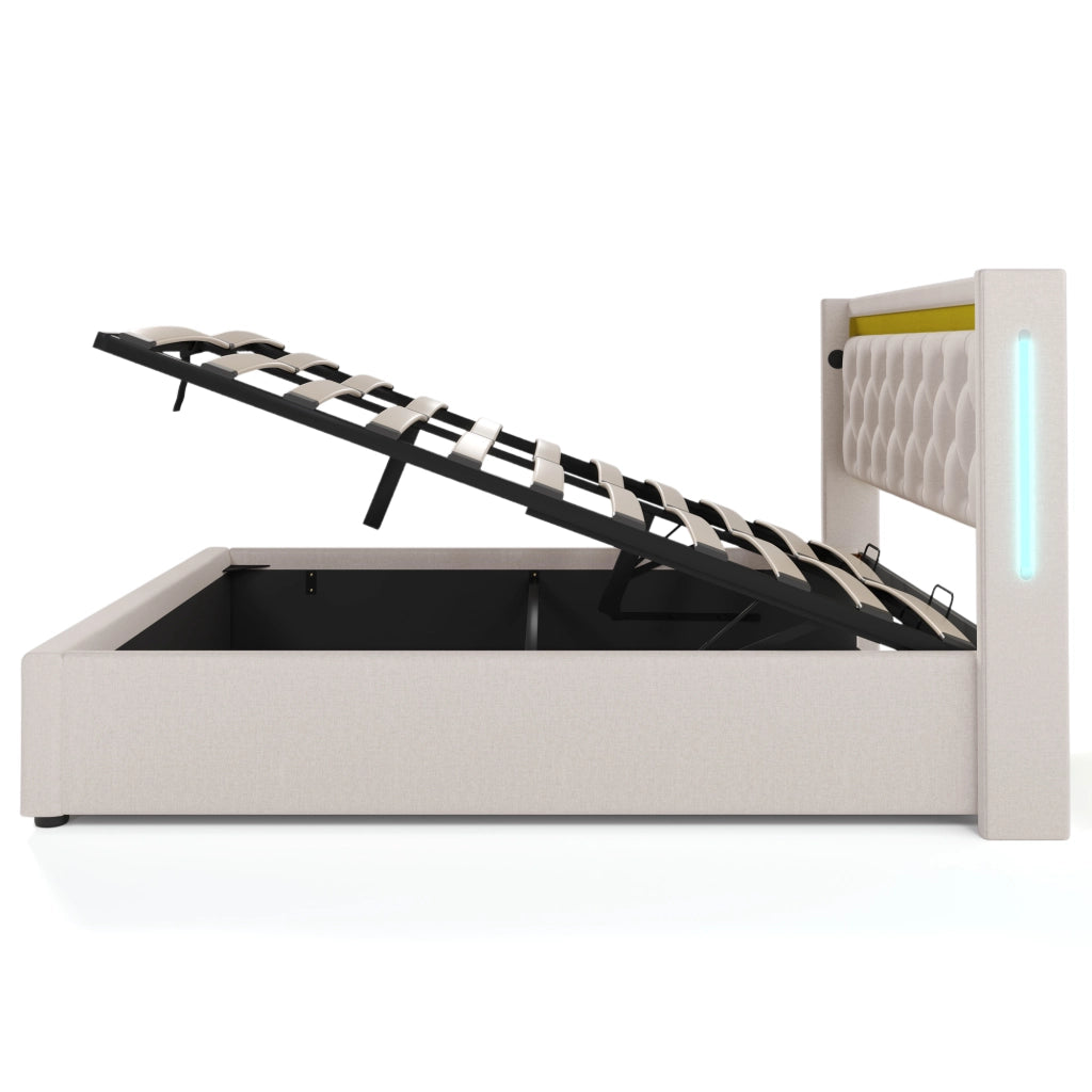 Letti contenitori 140x200 cm con LED e ricarica USB+Type C; cotone beige (Senza materasso)